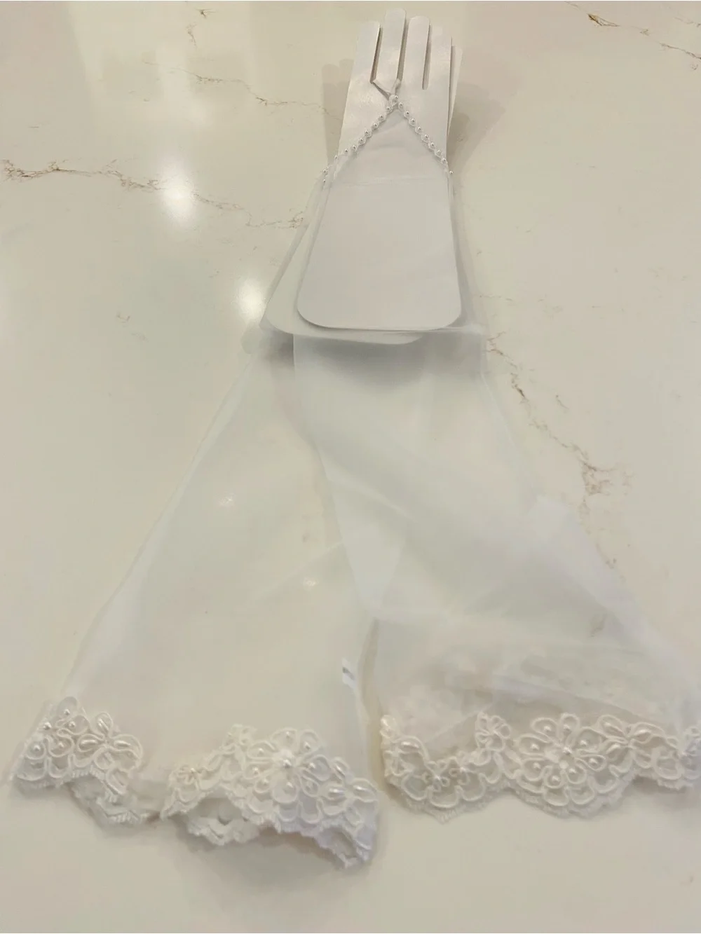 Vintage Fingerless Bridal Gloves White Sheer Mesh w/ Beaded Accents Elbow Length